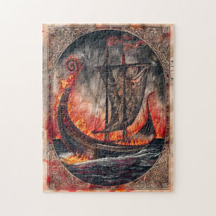 Puzzle Navire Viking en feu lors d'un rituel funéraire