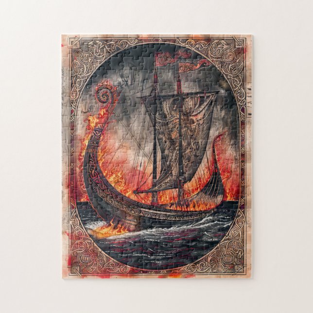 Puzzle Navire Viking en feu lors d'un rituel funéraire (Vertical)