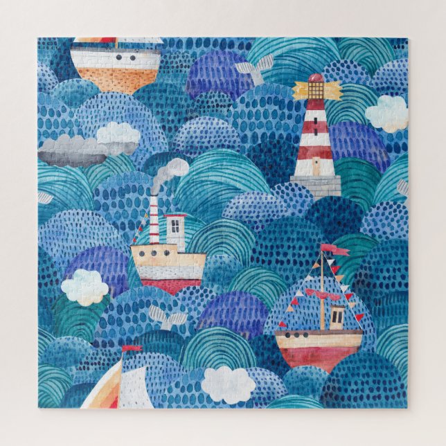 Puzzle Navires et phare : Aquarelle pour enfants (Vertical)