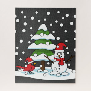 Puzzle Neige tombant sur Cardinal, Snowman et Pine Tree