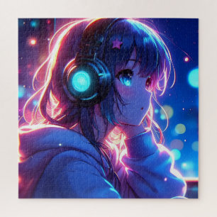 Puzzle Neon Anime Girl avec casque dans un cosmique