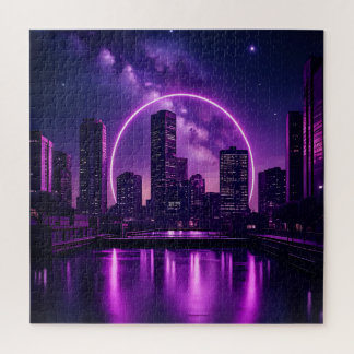 Puzzle Neon Cyberpunk Cityscape - Futuriste Purple