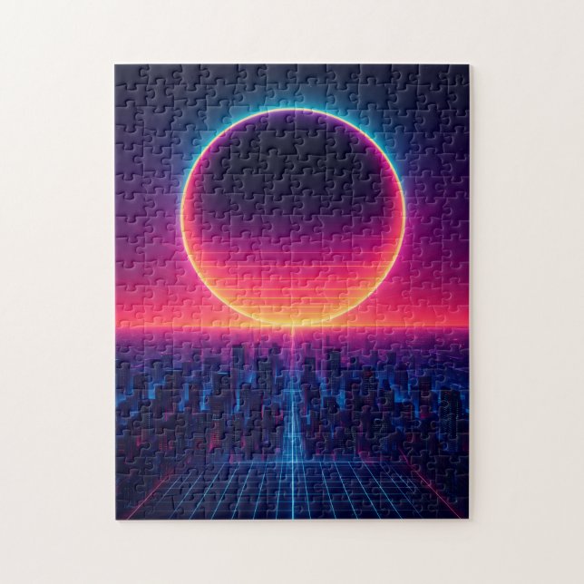 Puzzle Neon Eclipse Over the Cyber City (Vertical)
