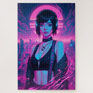 Puzzle Neon Retro Cyber Punk Rock Girl Poster