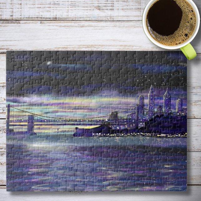 Puzzle New York Hudson River Manhattan Purple Sunset Art (New York manhattan sunset artwork 252 piece jigsaw puzzle )