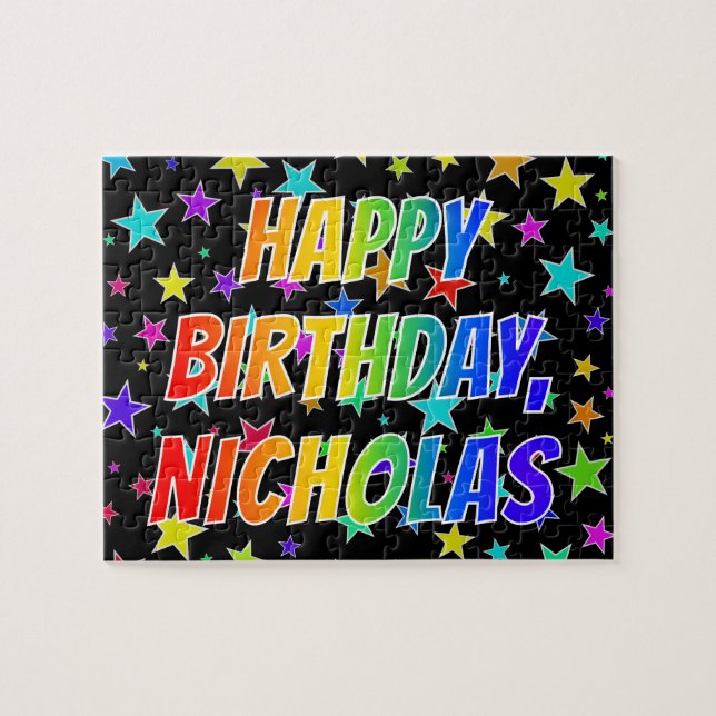 Puzzle "NICHOLAS" Prénom, Amusant "HEUREUX ANNIVERSAIRE" (Horizontal)