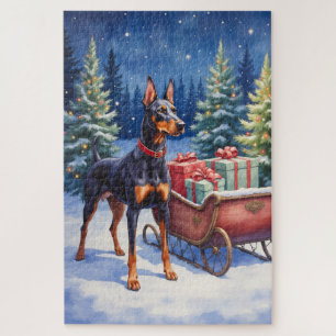 Puzzle Noble Doberman gardant le traîneau de Noël en hive