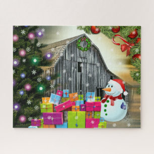 Puzzle Noël à la grange Frosty le bonhomme de neige prése