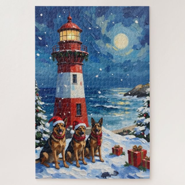 Puzzle Noël au phare avec Berger Allemand (Vertical)