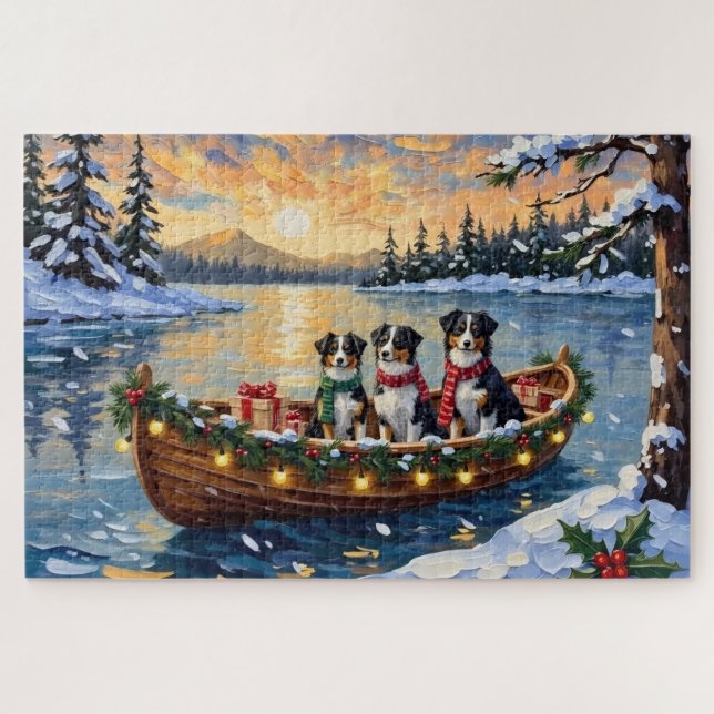Puzzle Noël Australien Shepherd Bateau Vacances (Horizontal)
