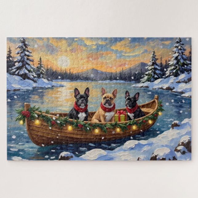 Puzzle Noël Bateau de vacances Bouledogue Français (Horizontal)