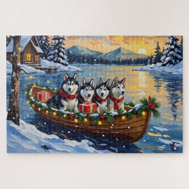 Puzzle Noël Bateau de vacances Malamute d'Alaska (Horizontal)