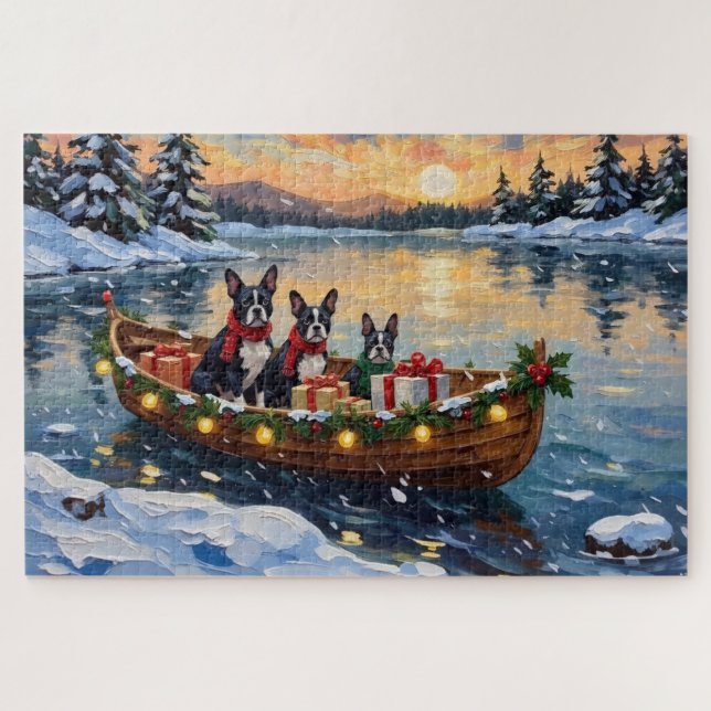 Puzzle Noël Boston Terrier Bateau Fêtes (Horizontal)