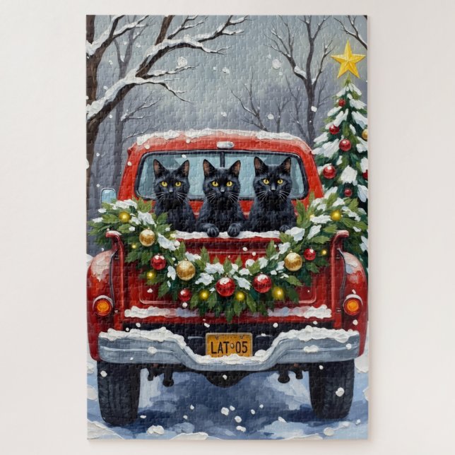 Puzzle Noël Camion Rouge Chat Noir Fêtes (Vertical)