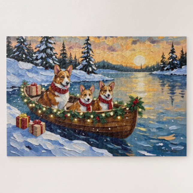 Puzzle Noël Corgi Bateau Fêtes (Horizontal)