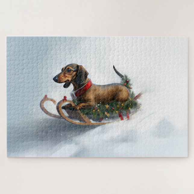 Puzzle Noël Dachshund neige hiver (Horizontal)
