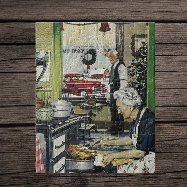 Puzzle Noël dans une vieille cuisine maison vintage (Vintage holiday image of grandma cooking turkey dinner in 1940's kitchen on jigsaw puzzle.)