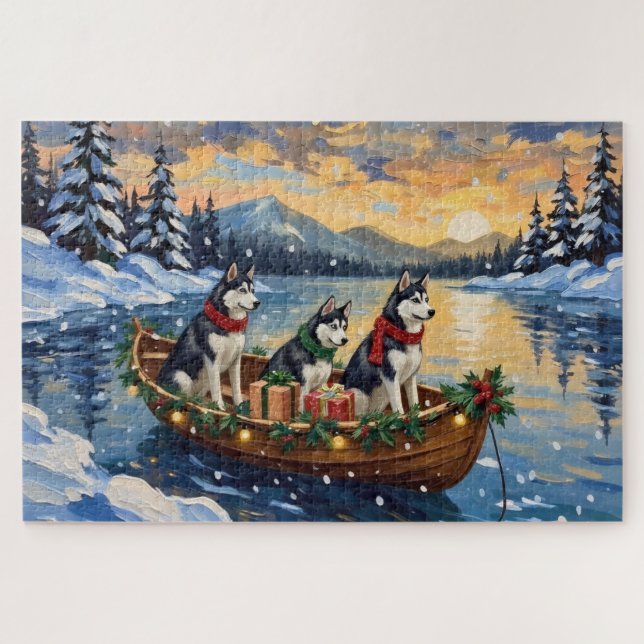 Puzzle Noël de bateau de Husky sibérien de vacances (Horizontal)