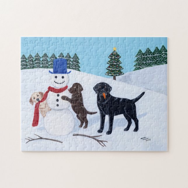 Puzzle Noël de Labrador avec le bonhomme de neige (Horizontal)