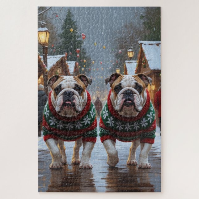 Puzzle Noël des Bulldogs sous la neige (Vertical)