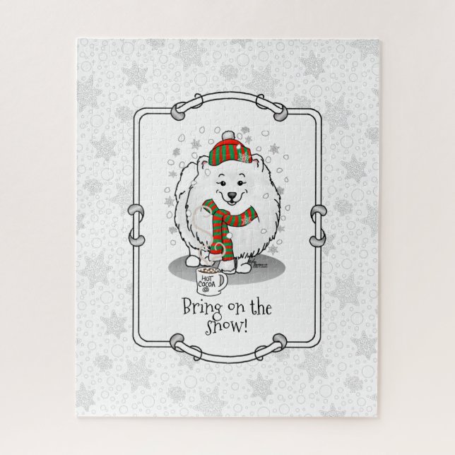 Puzzle Noël d'hiver Poméranie (blanc) Chien mignonne neig (Vertical)