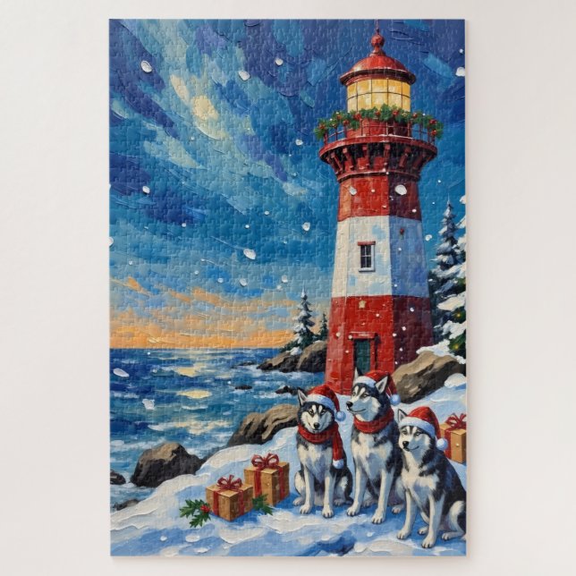 Puzzle Noël du Husky Sibérien au Phare (Vertical)