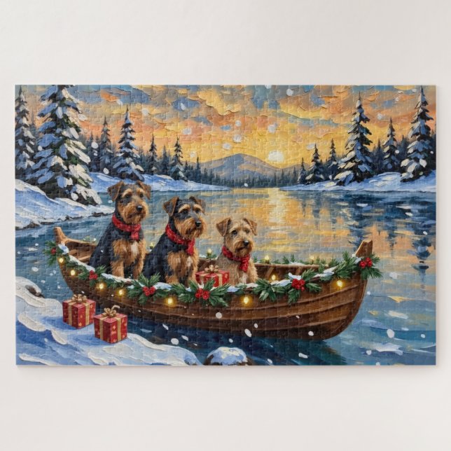 Puzzle Noël en bateau avec Airedale Terrier (Horizontal)