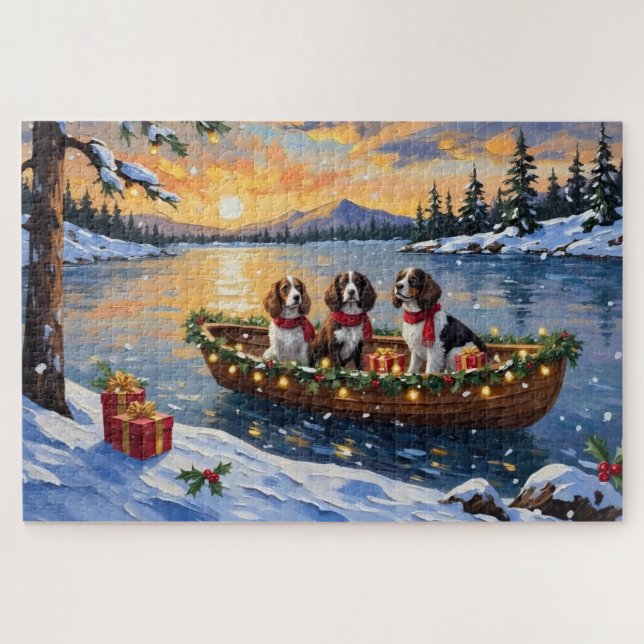 Puzzle Noël en bateau avec un Brittany Spaniel (Horizontal)