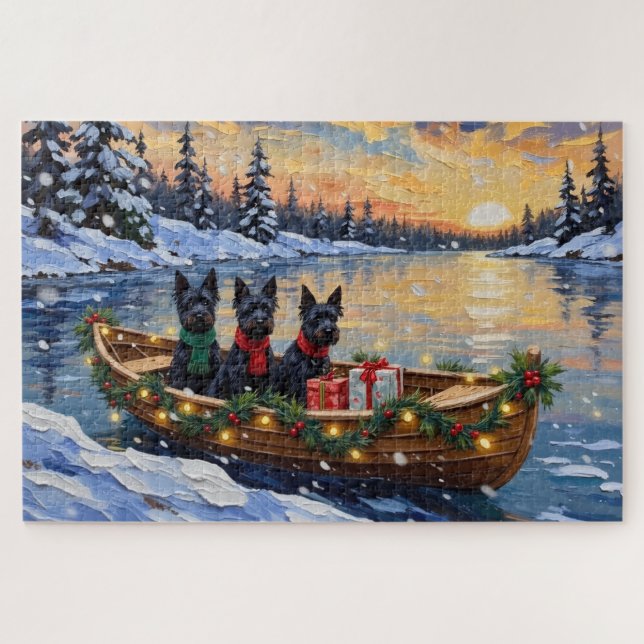 Puzzle Noël en bateau avec un Terrier Écossais (Horizontal)