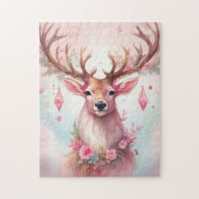Puzzle Noël en rose : renne avec déco de Noël rose (Vertical)
