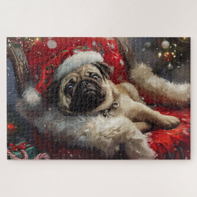 Puzzle Noël Fête de chien Carlin (Horizontal)
