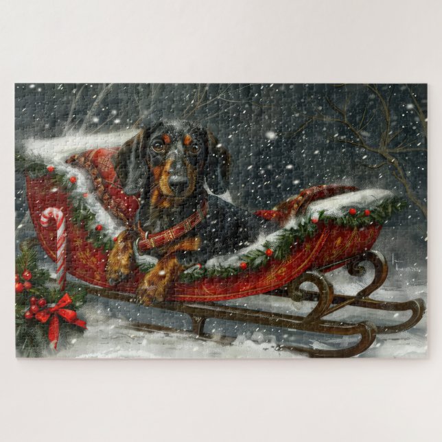 Puzzle Noël Fête de chien Dachshund (Horizontal)