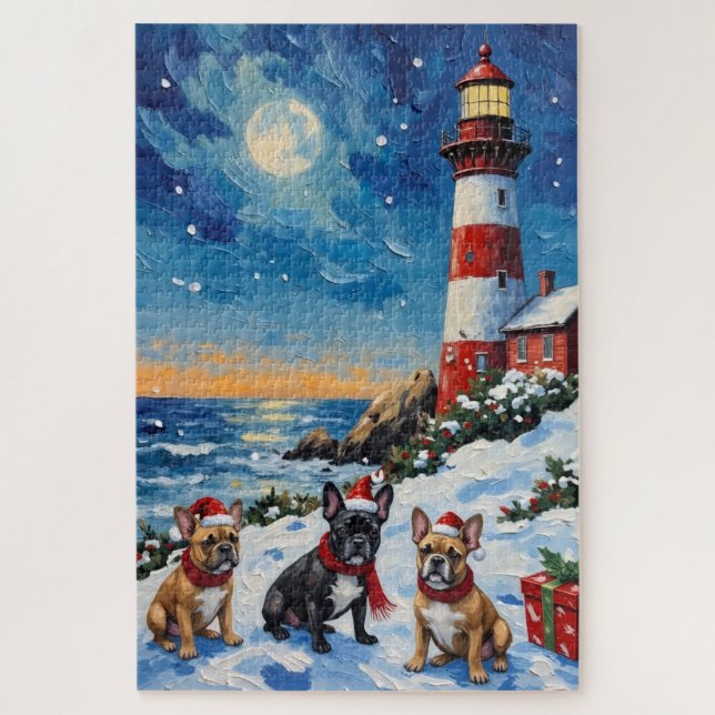 Puzzle Noël French Bulldog Phare Fêtes (Vertical)