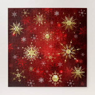 Puzzle Noël Golden Snowflakes sur Arrière - plan rouge