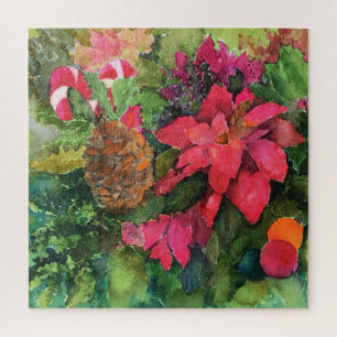 Puzzle Noel Poinsettia peinture aquarelle originale