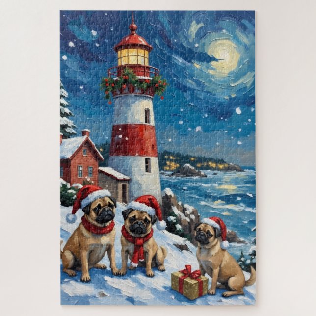 Puzzle Noël Pug Phare Vacances (Vertical)