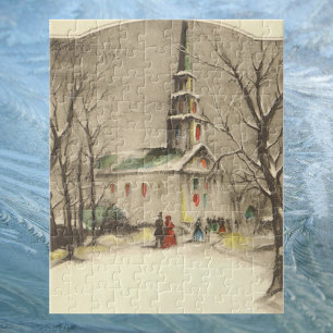 Puzzle Noël vintage, église dans un paysage enneigé hiver
