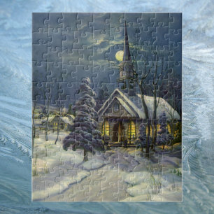 Puzzle Noël vintage, église hivernale enneigée avec lune
