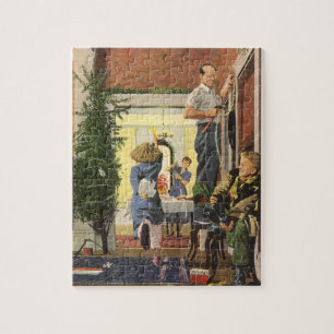 Puzzle Noël vintage, famille décorant la maison