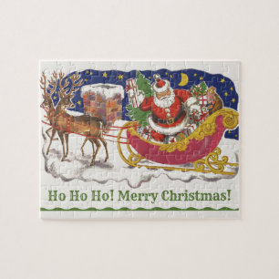 Puzzle Noël Vintage, Jolly Santa Claus avec Sleigh