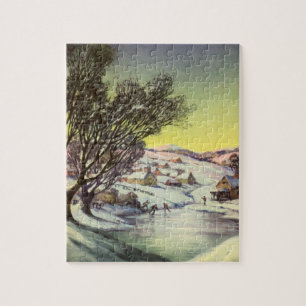 Puzzle Noël Vintage, Lac gelé avec patineurs sur glace