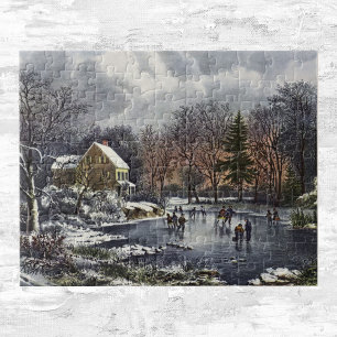 Puzzle Noël Vintage, Patins d'hiver précoce sur un étang
