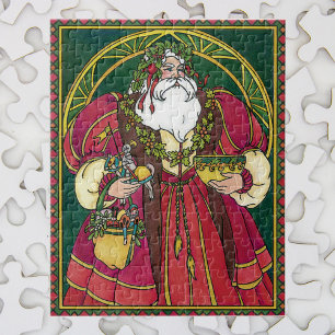 Puzzle Noël Vintage, Père Noël avec Feuilles Holly