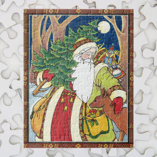 Puzzle Noël vintage, Père Noël en Forêt