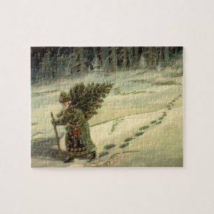 Puzzle Noël vintage, Père Noël portant un arbre