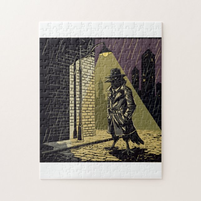 Puzzle Noir Crow Detective in Rain Moody Comic Art Jigsaw (Vertical)
