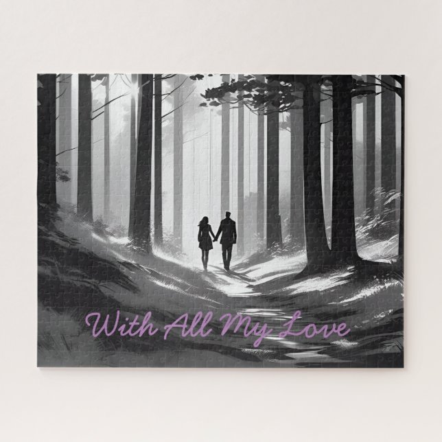 Puzzle Noir et blanc Romance Couple Silhouette en Forêt (Horizontal)