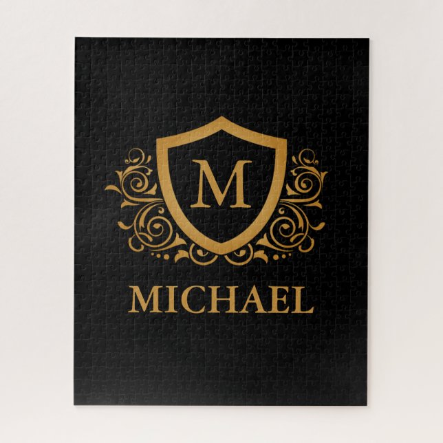 Puzzle Noir et Or Personnalisé Stylo Nom Monogramme (Vertical)