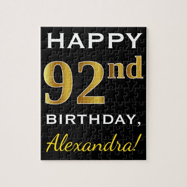 Puzzle Noir, Faux Gold 92e anniversaire + Nom personnalis (Vertical)