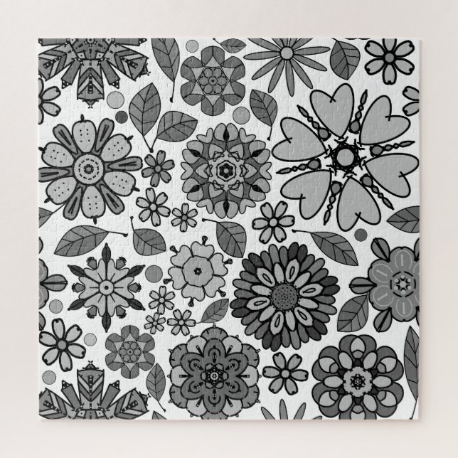 Puzzle Noir gris blanc rétro Art Floral Motif sans coutur (Vertical)
